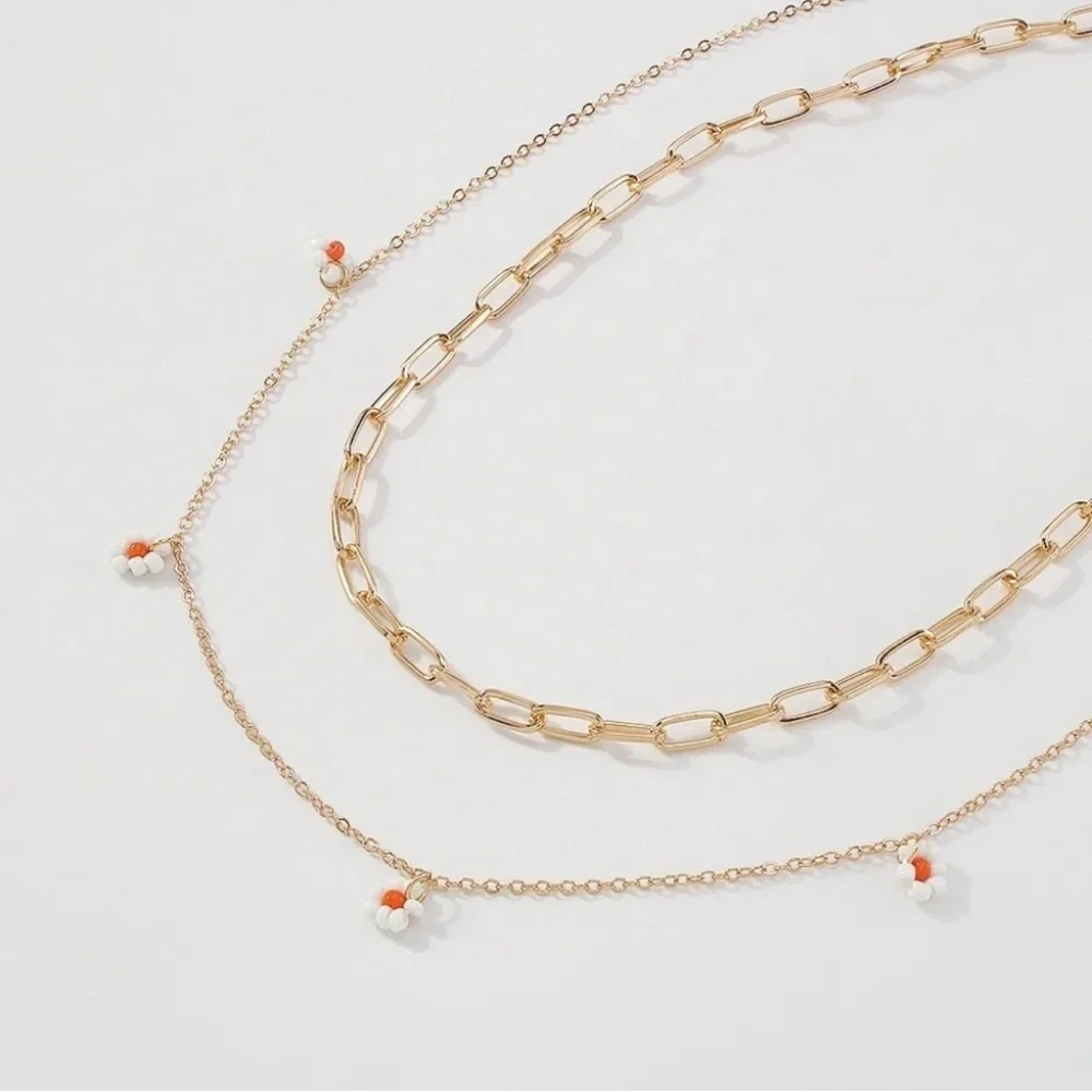Beautiful Gold Color Chain Necklace with Orange & White Flower - NWOT